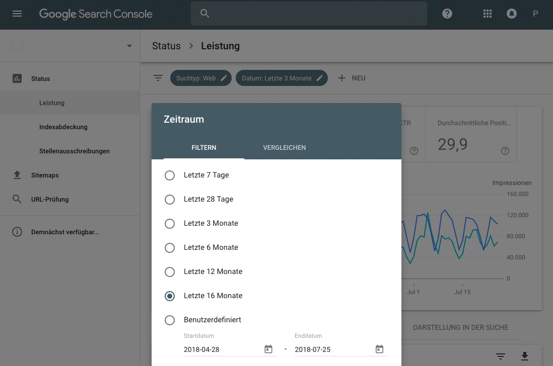 Neue Google Search Console 16 Monate Ansicht Leistung Besucher