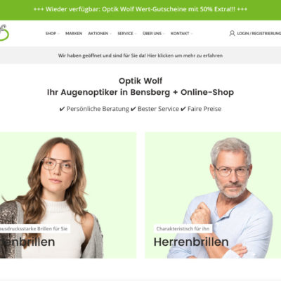 Optik Wolf Bensberg WordPress Woocommerce Optiker Webseite Online Shop Brillenanprobe