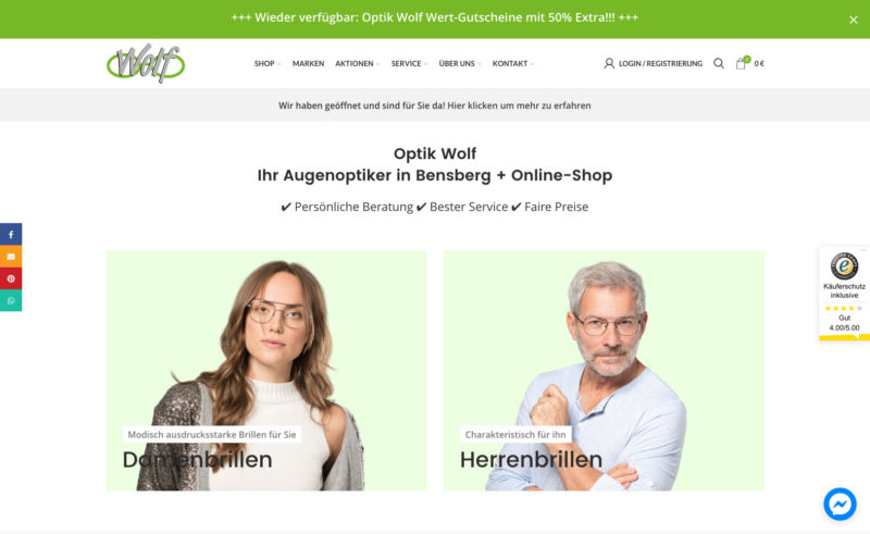 Optik Wolf Bensberg WordPress Woocommerce Optiker Webseite Online Shop Brillenanprobe