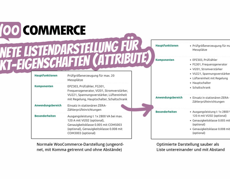 Woocommerce Geordnete Listendarstellung Eigenschaften Produkte Attribute Produktseite Liste