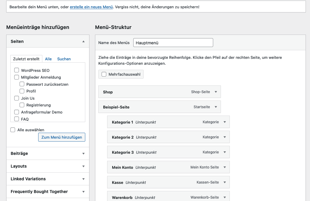 Wordpress Menue Bearbeiten Hinzufuegen Reihenfolge Aendern Ansicht Anpassen Menuepunkte Navigation Taxnomien Inhalte Typen