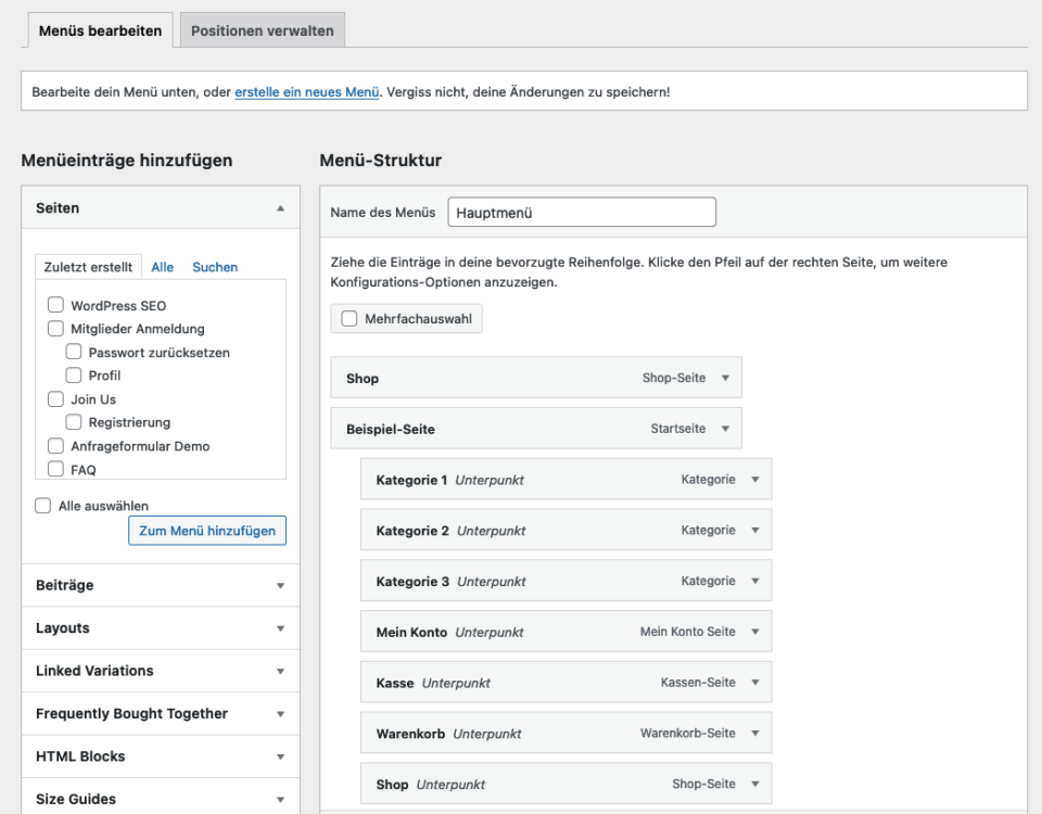 Wordpress Menue Bearbeiten Hinzufuegen Reihenfolge Aendern Ansicht Anpassen Menuepunkte Navigation Taxnomien Inhalte Typen